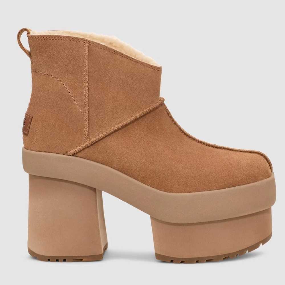 UGG Womens Neutral Chestnut New Heights Suede Shearling Platform Ankle Mini Boot